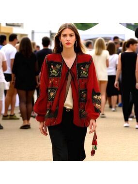 80s JA RESORT SILK RED & BLACK EMBROIDERED BOHO JACKET W TASSELS & BEADS SZ 1X